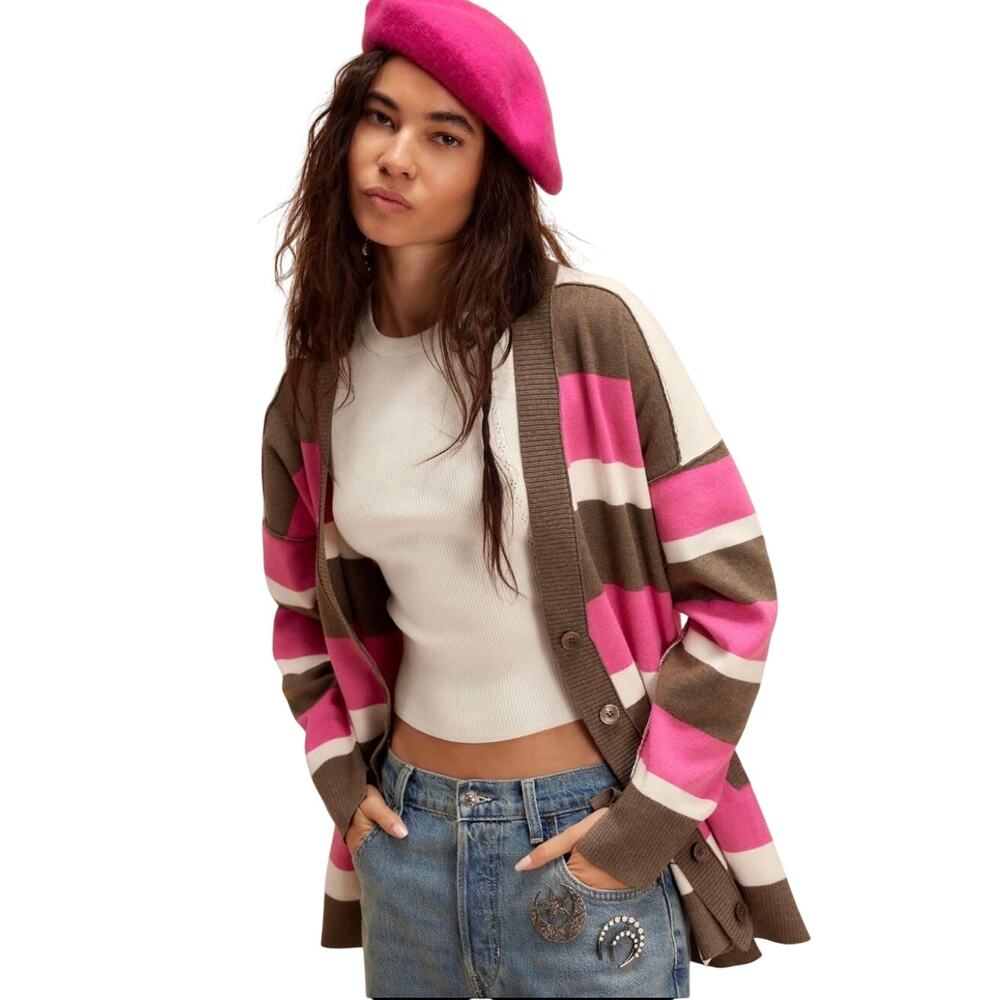 Free People League Of Her Own Striped Cardigan, Aurora Pinecone, Large NWT
